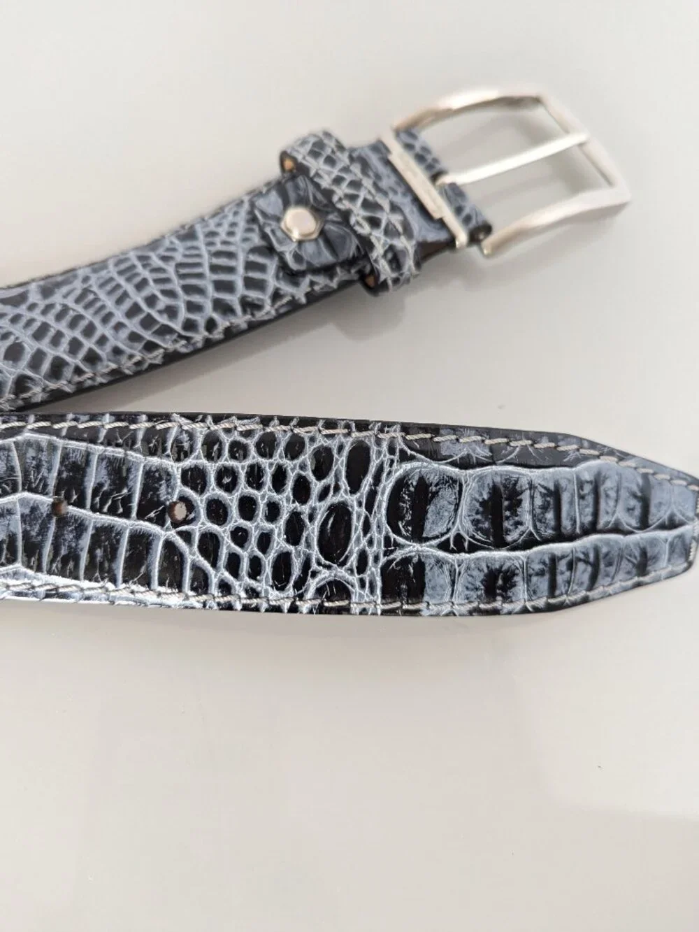 Roger Ximenez Black Shadow Mock Croc Embossed Italian Leather Belt Brass Buckle